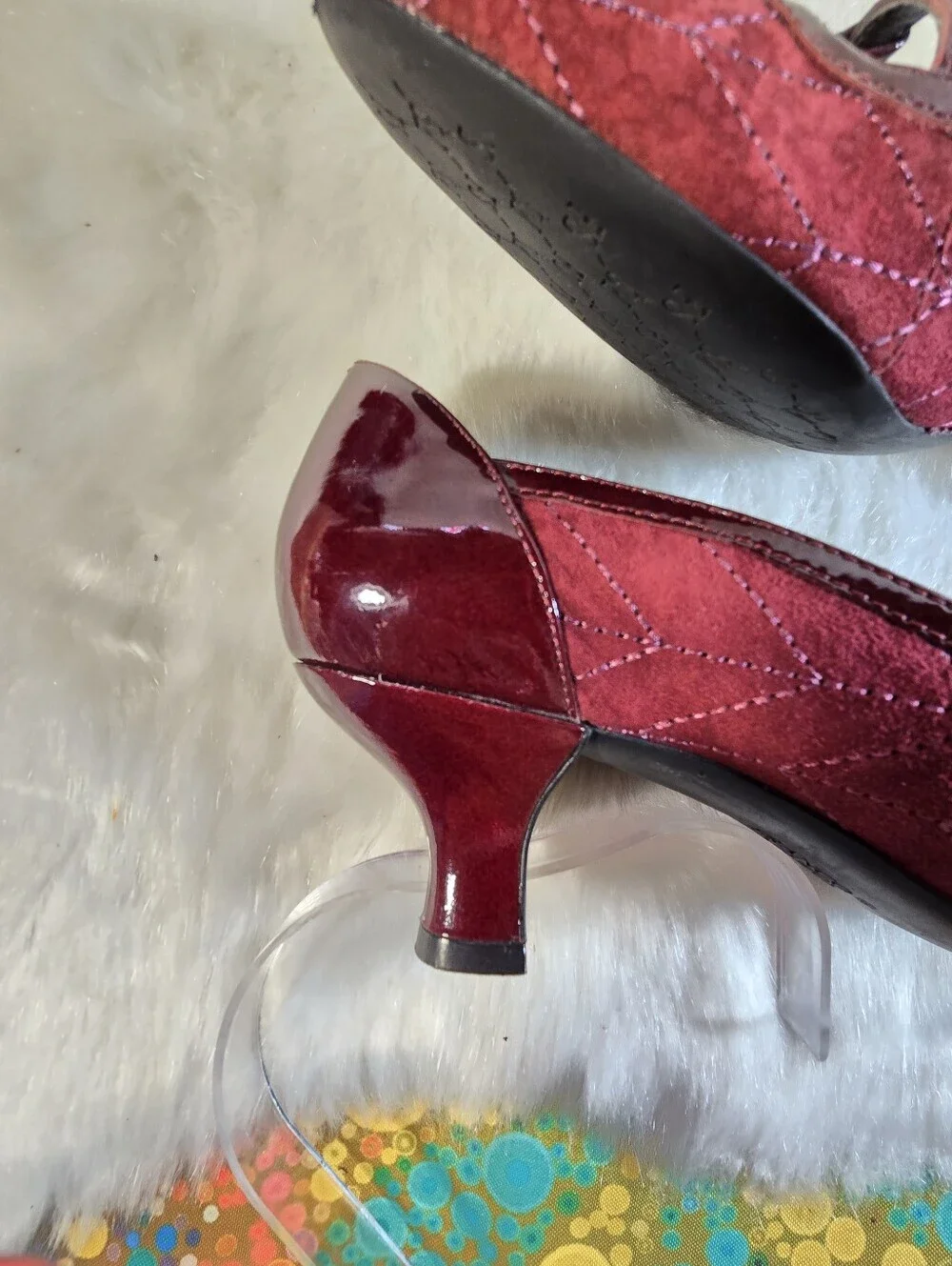 Franco Sarto Burgundy Suede & Patent Mary Jane Kitten Heels  Dress Pumps